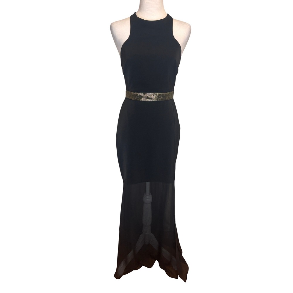 Express Halter Maxi Dress‎ Womens 2 Black Gold Waist Sheer Bottom Formal Prom